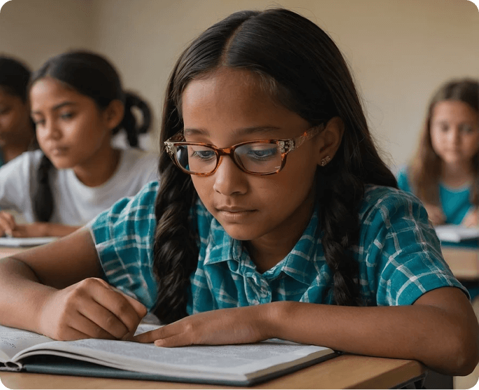 A girl with glasses is writing in her notebook.